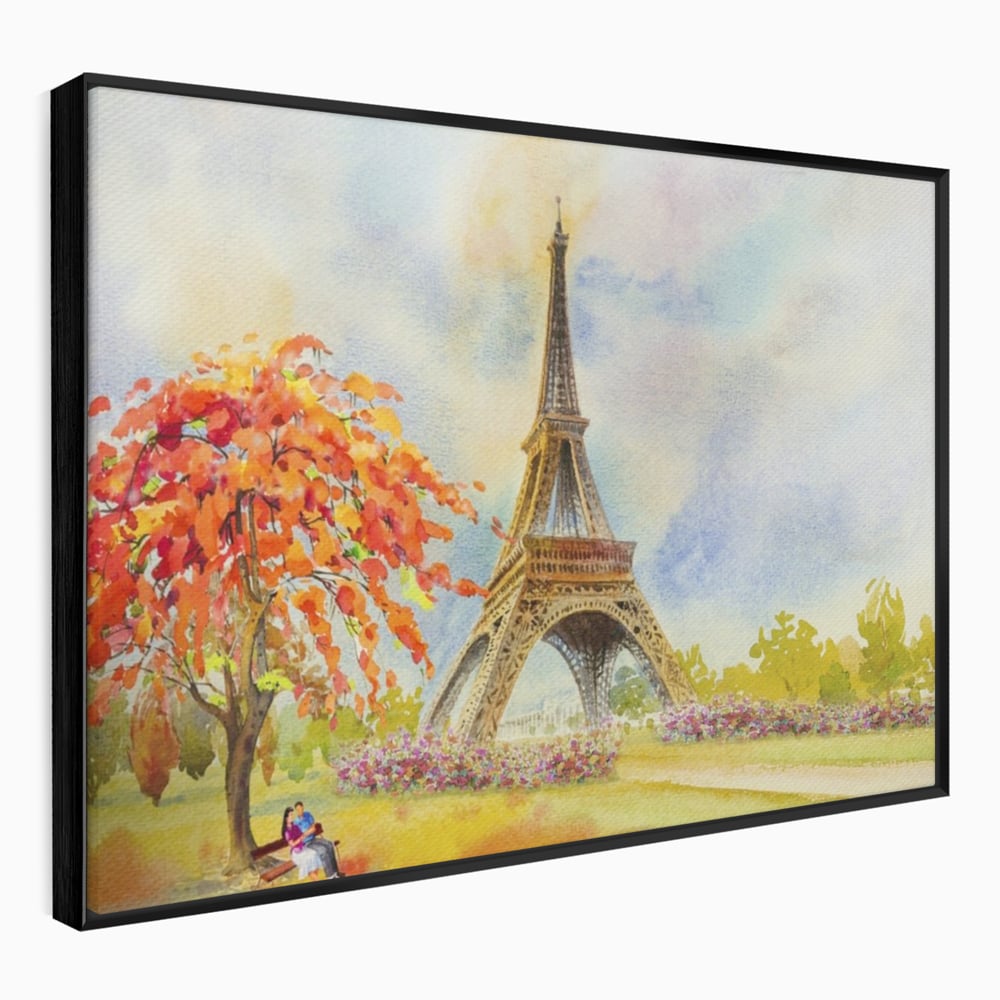 Tablou canvas cu pictura cu turnul eiffel si indragostiti, in rama de aluminiu negru